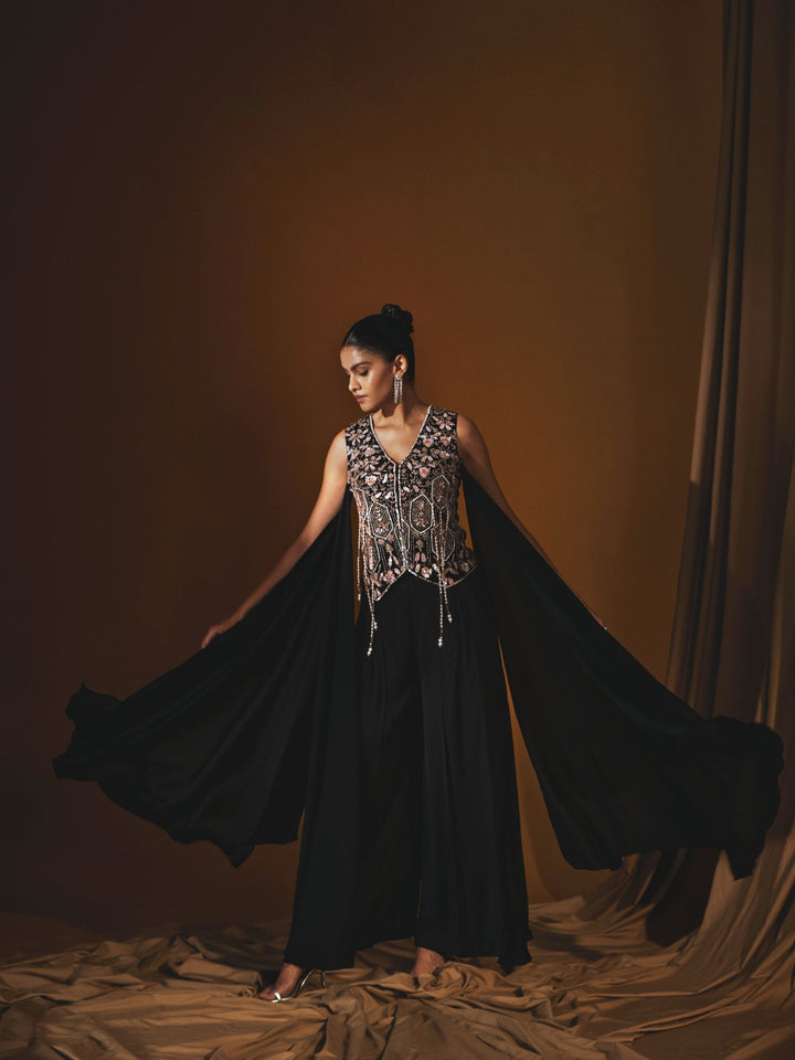Black Georgette Embroidered Waistcoat & Pleated Pant Set