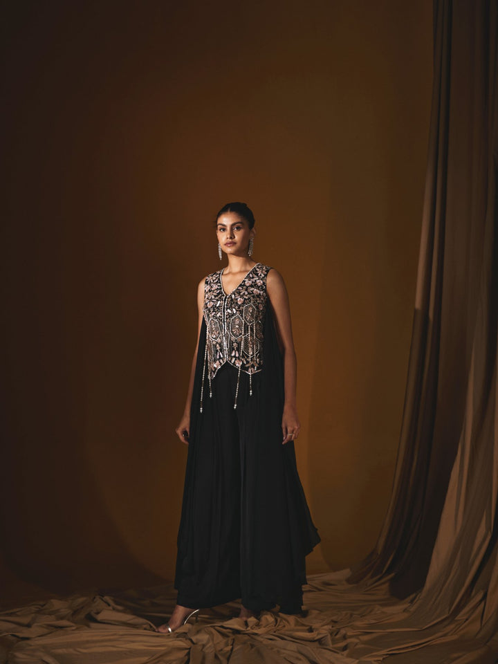 Black Georgette Embroidered Waistcoat & Pleated Pant Set