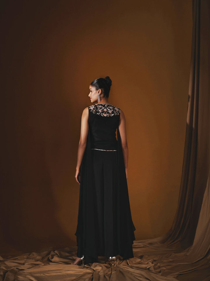 Black Georgette Embroidered Waistcoat & Pleated Pant Set