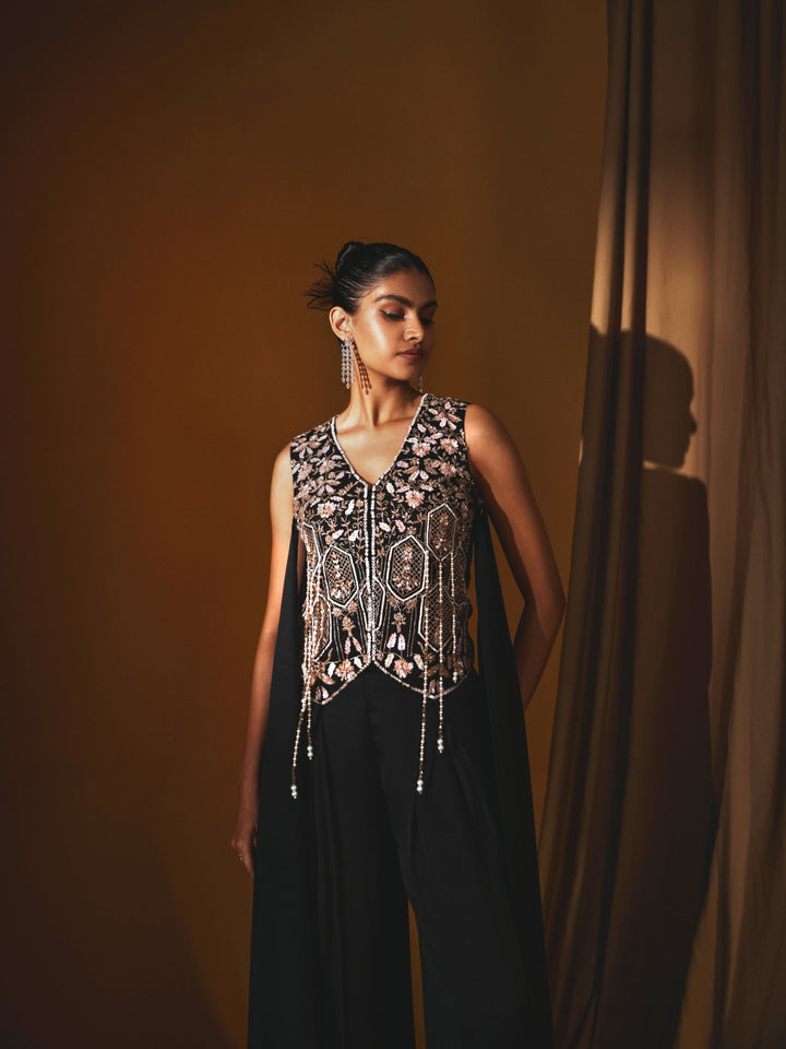 Black Georgette Embroidered Waistcoat & Pleated Pant Set