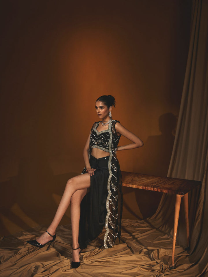 Black Organza Jacket Set with Sequin Embroidery