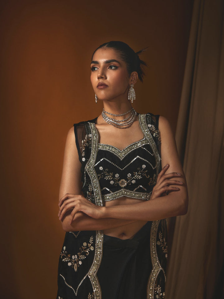 Black Organza Jacket Set with Sequin Embroidery