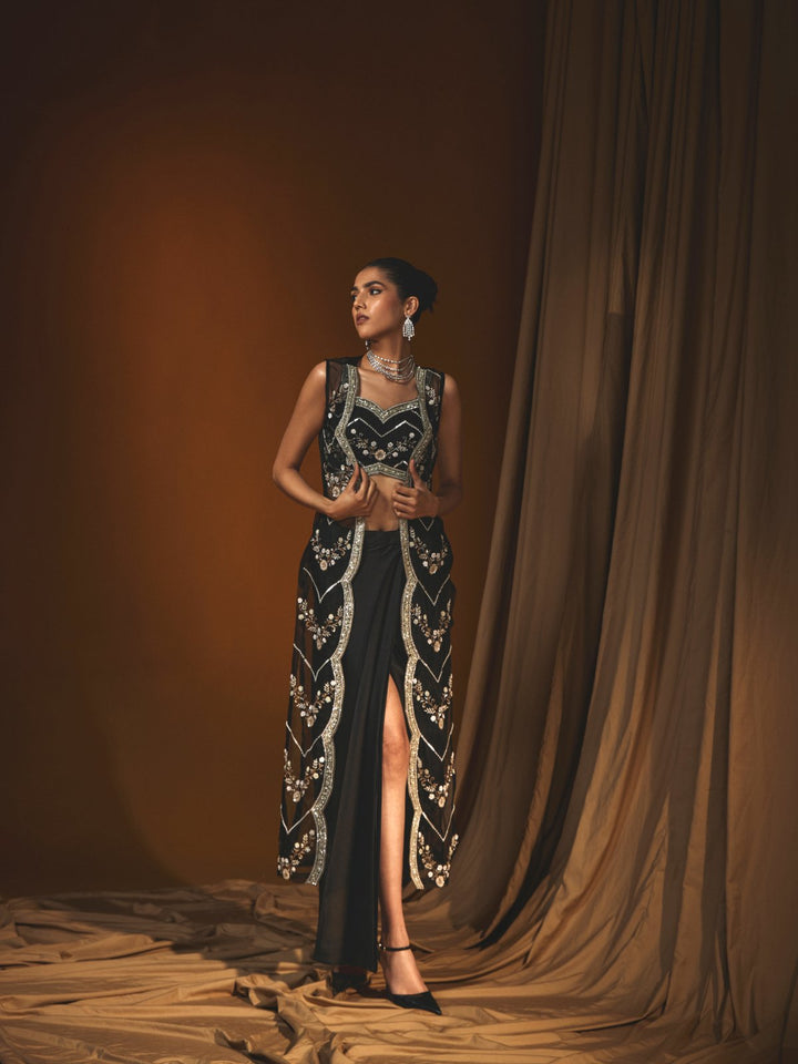 Black Organza Jacket Set with Sequin Embroidery