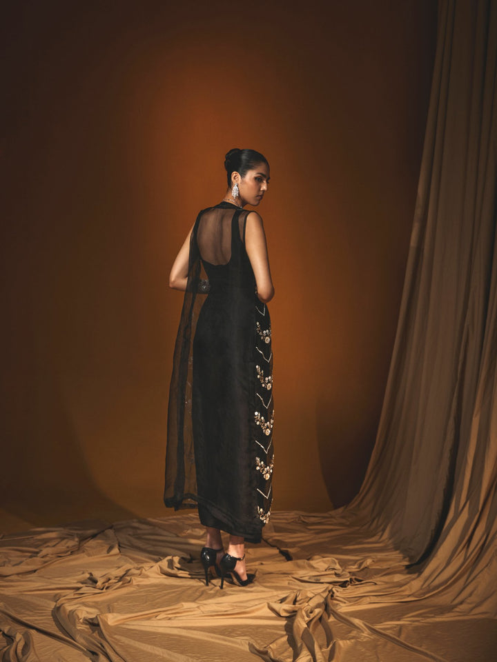 Black Organza Jacket Set with Sequin Embroidery