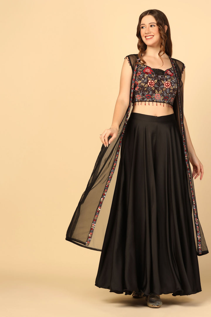 Black Hand Embroidered Sharara Set with a Net Cape