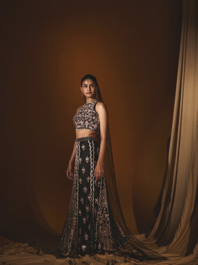 Black Embroidered Net Halter Blouse & Mermaid Skirt Set