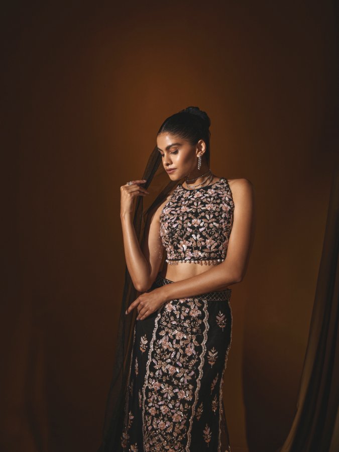 Black Embroidered Net Halter Blouse & Mermaid Skirt Set