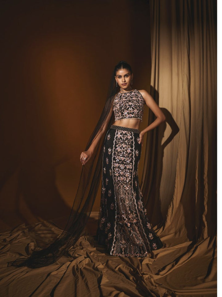 Black Embroidered Net Halter Blouse & Mermaid Skirt Set