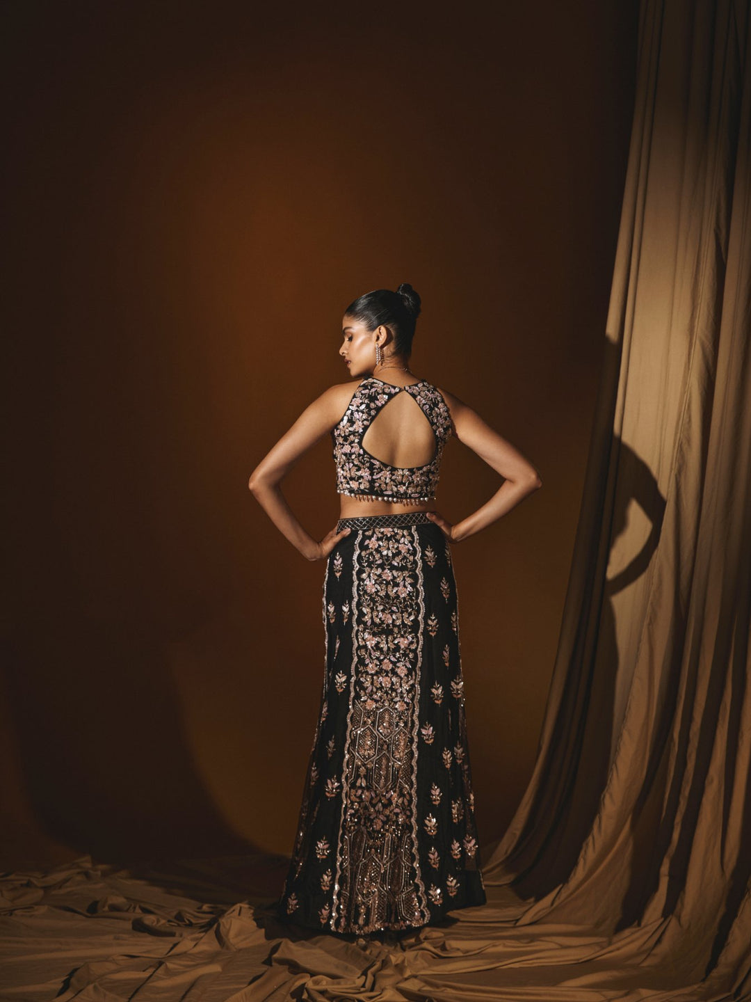 Black Embroidered Net Halter Blouse & Mermaid Skirt Set