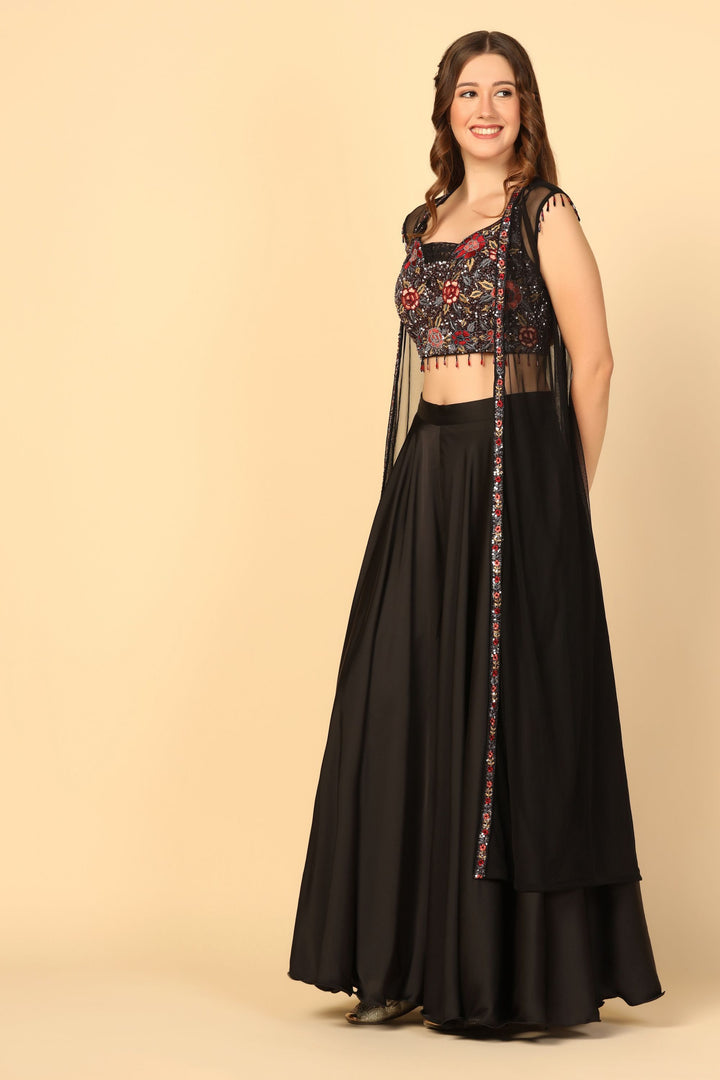 Black Hand Embroidered Sharara Set with a Net Cape