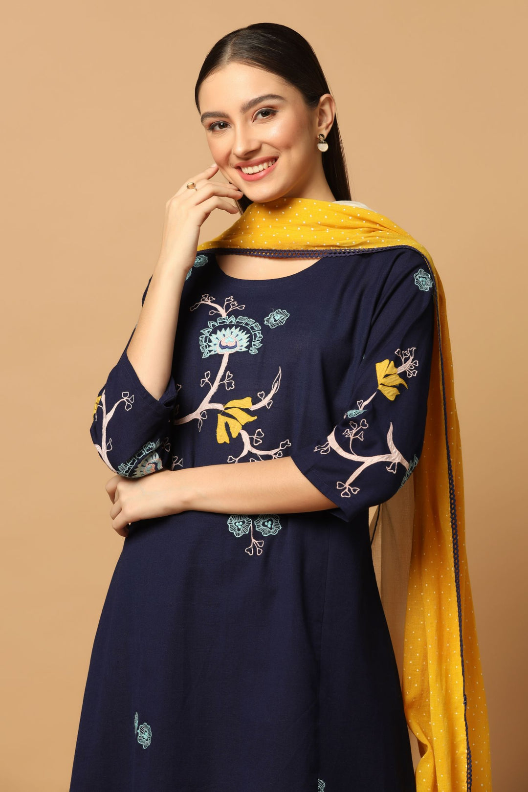 Navy Blue Kurta Set with Applique Work and Dual Colour Blocked Dupatta