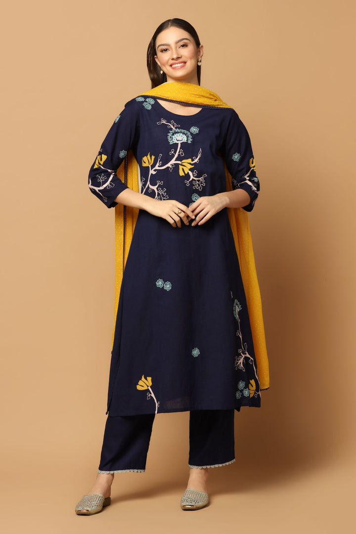 Navy Blue Kurta Set with Applique Work and Dual Colour Blocked Dupatta