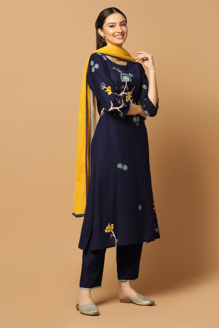 Navy Blue Kurta Set with Applique Work and Dual Colour Blocked Dupatta