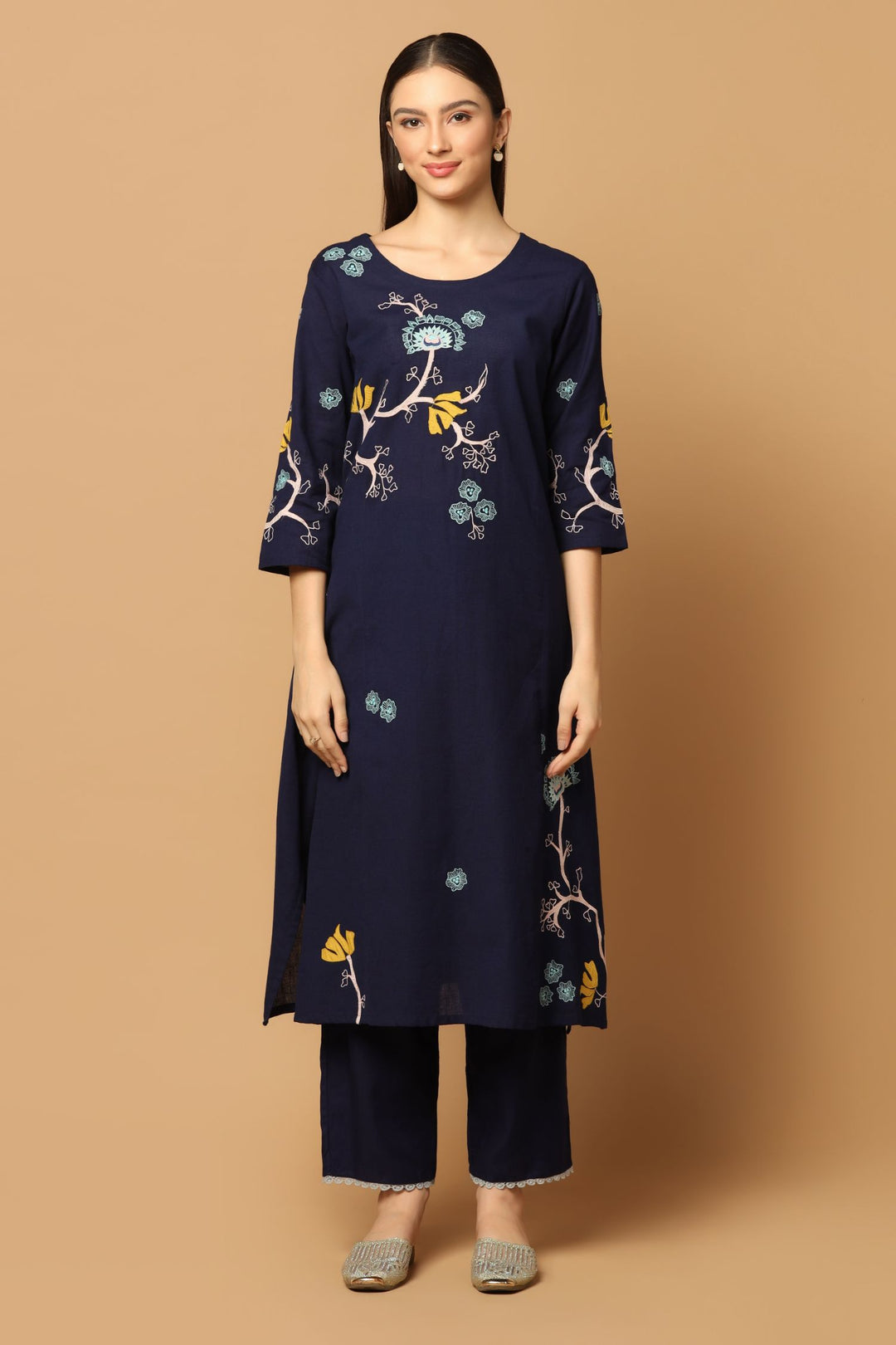 Navy Blue Kurta Set with Applique Work and Dual Colour Blocked Dupatta