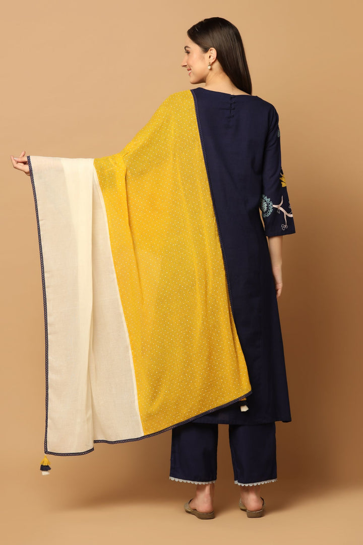 Navy Blue Kurta Set with Applique Work and Dual Colour Blocked Dupatta