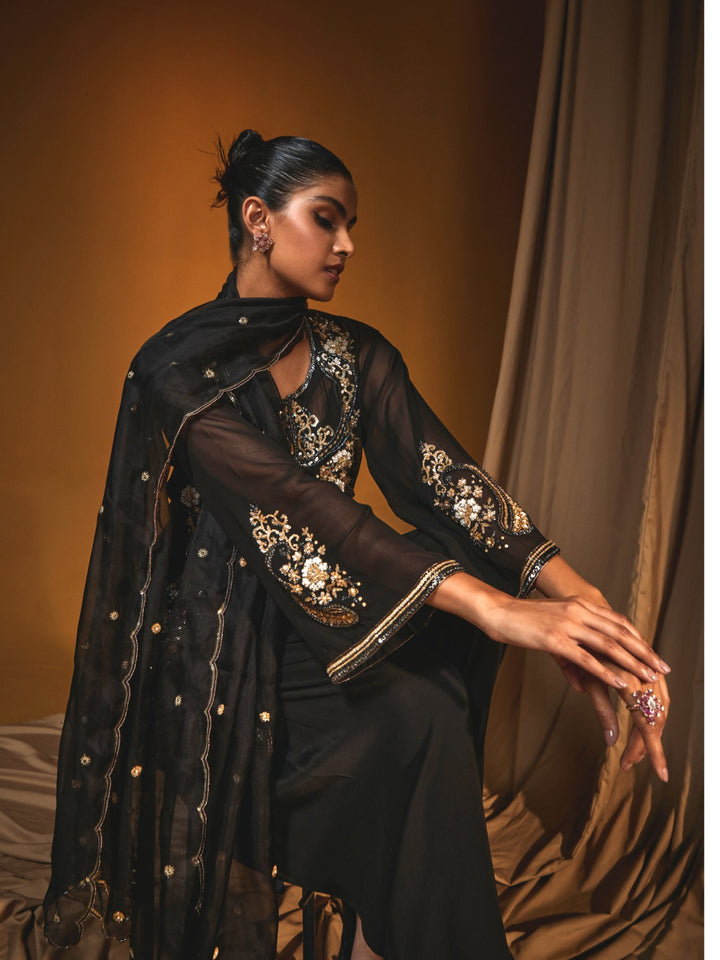 Black Georgette Short Kurta  and Salwar Set with Hand Embroidery