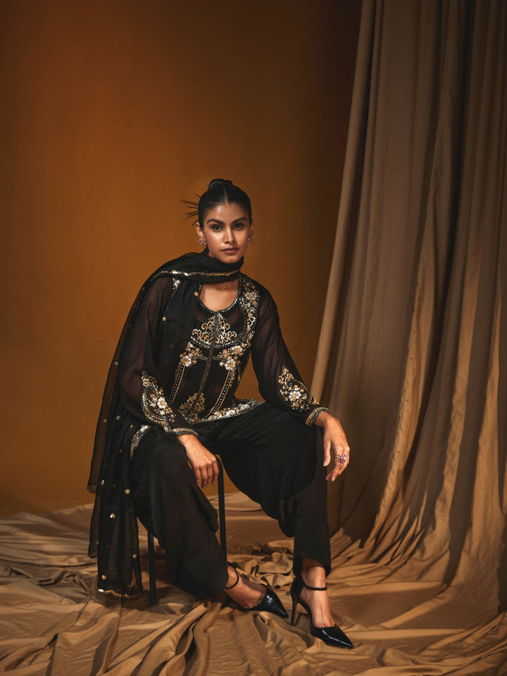 Black Georgette Short Kurta  and Salwar Set with Hand Embroidery