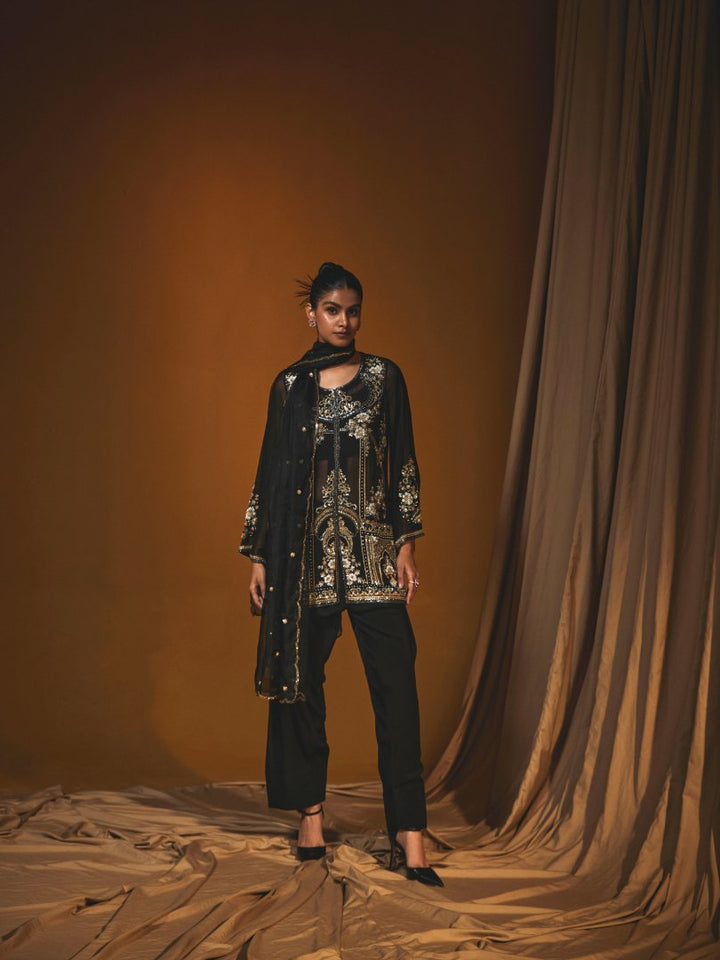 Black Georgette Short Kurta  and Salwar Set with Hand Embroidery
