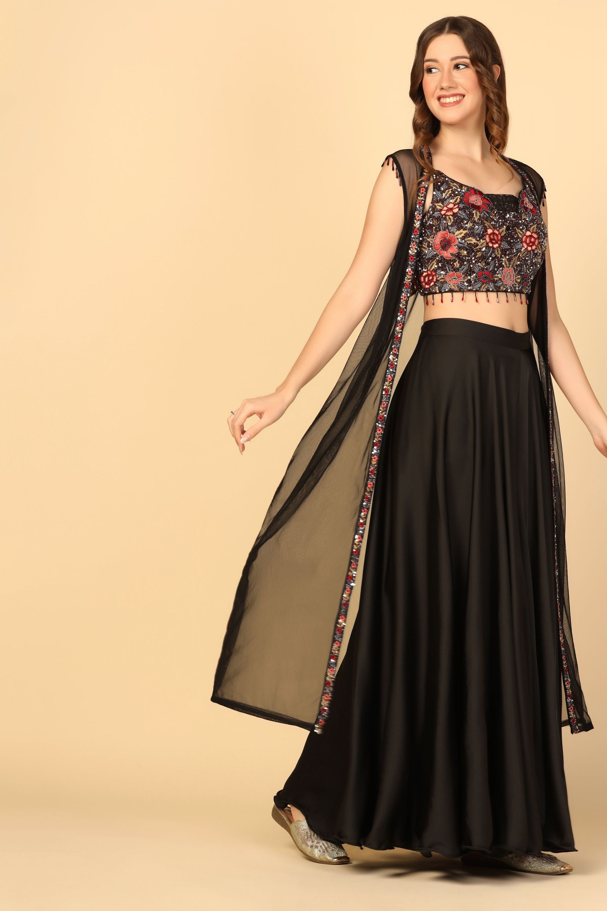 Black Hand Embroidered Sharara Set with Net  Embroidered Cape
