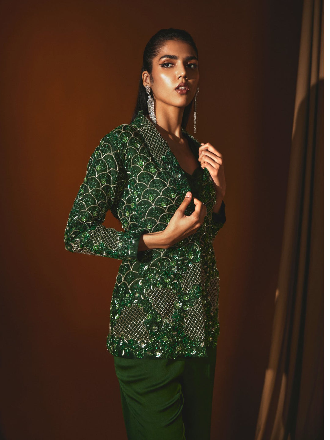Emerald Green Organza Jacket & Pant Set with Hand Embroidery