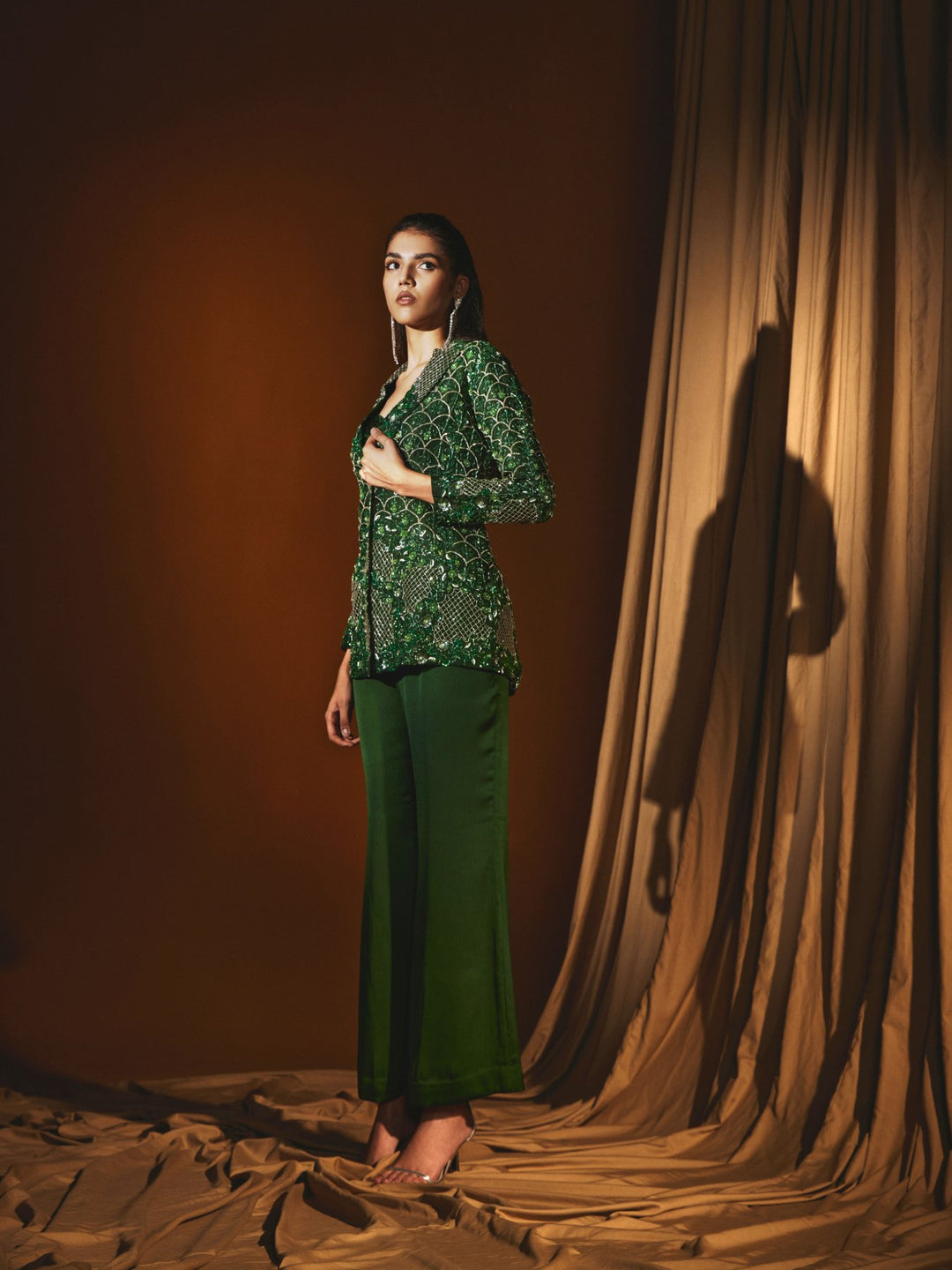 Emerald Green Organza Jacket & Pant Set with Hand Embroidery