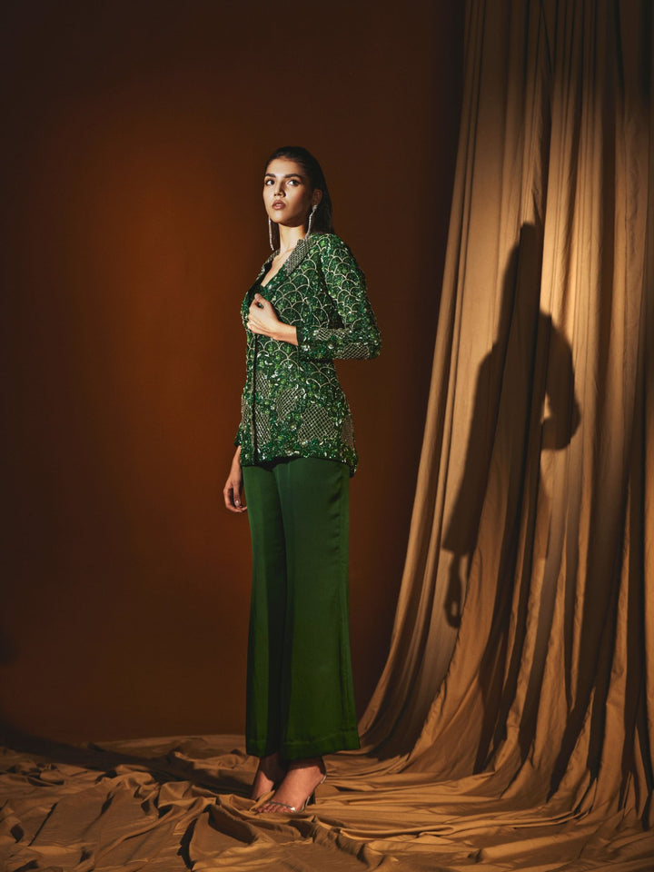Emerald Green Organza Jacket & Pant Set with Hand Embroidery