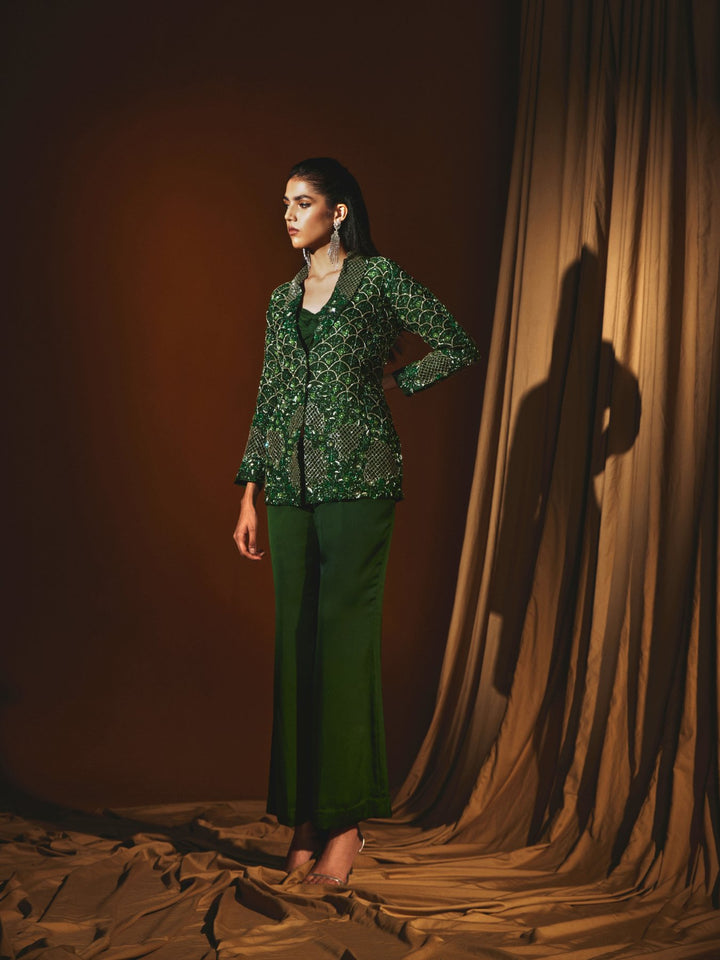 Emerald Green Organza Jacket & Pant Set with Hand Embroidery