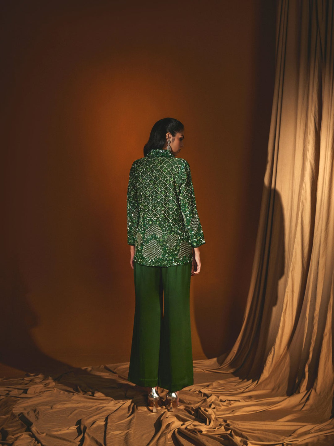 Emerald Green Organza Jacket & Pant Set with Hand Embroidery