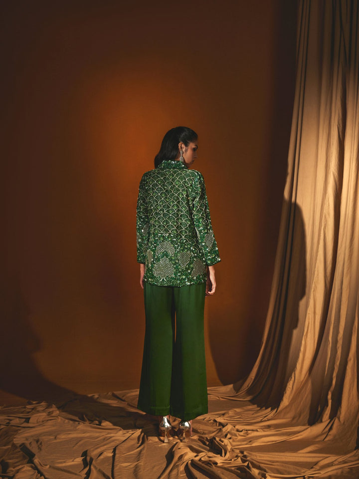 Emerald Green Organza Jacket & Pant Set with Hand Embroidery