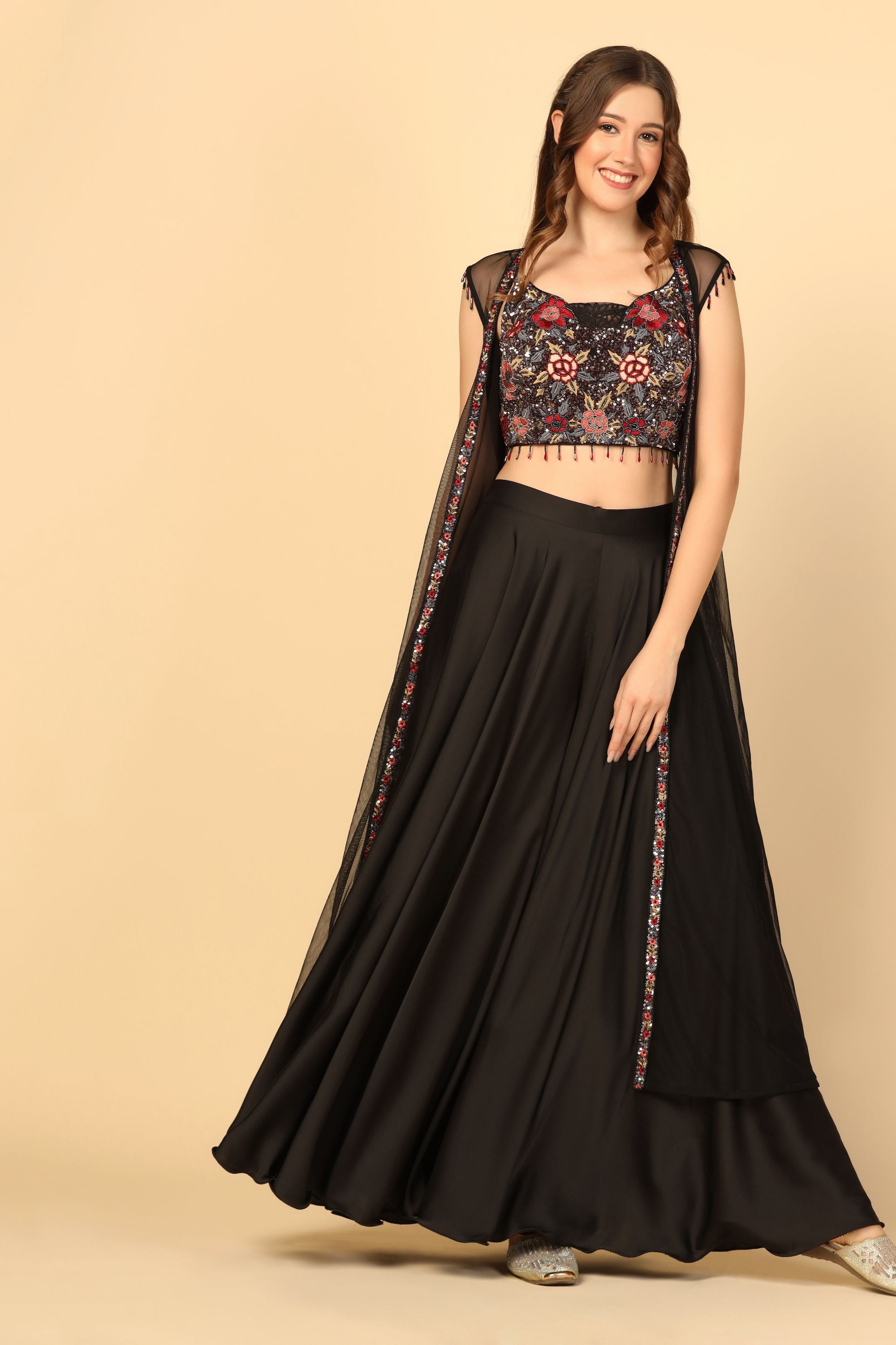 Black Hand Embroidered Sharara Set with Net  Embroidered Cape