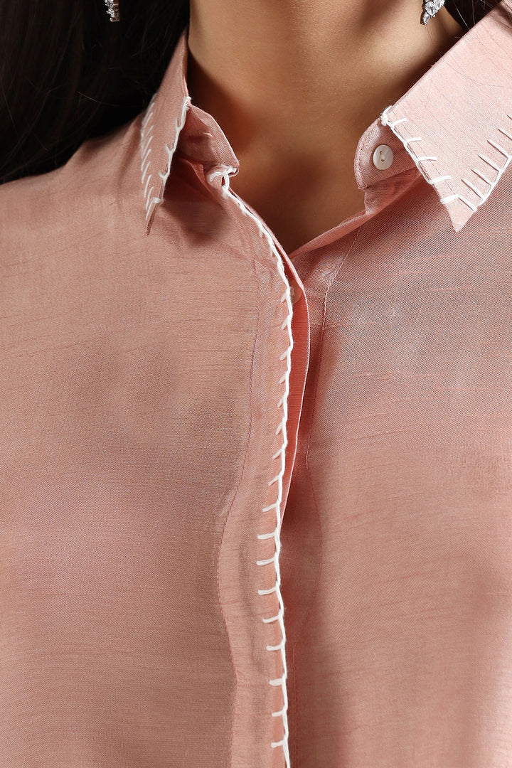 Peach Silk Kurta Set with Shirt Collar, Leheriya Side Panels & Thread Highlight Detailing