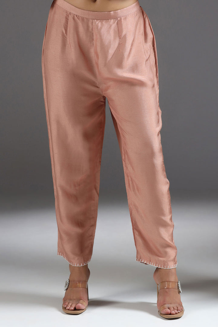 Peach Silk Kurta Set with Shirt Collar, Leheriya Side Panels & Thread Highlight Detailing