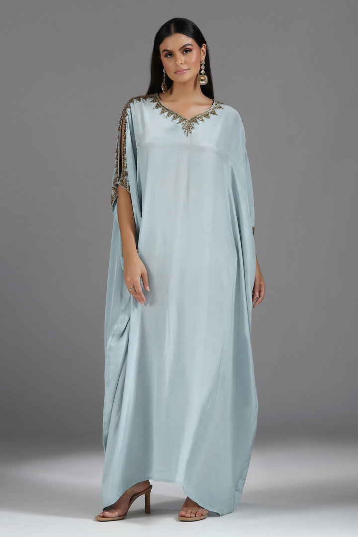 Powder Blue Kaftan with Hand-Cut Dabhka & Sequin Embroidery in V-Neck & Sleeves