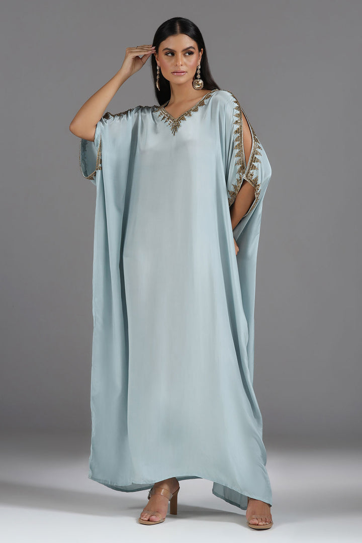 Powder Blue Kaftan with Hand-Cut Dabhka & Sequin Embroidery in V-Neck & Sleeves