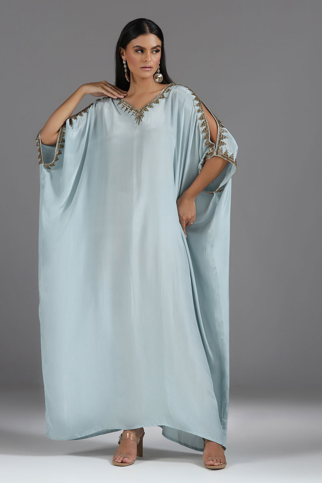 Powder Blue Kaftan with Hand-Cut Dabhka & Sequin Embroidery in V-Neck & Sleeves