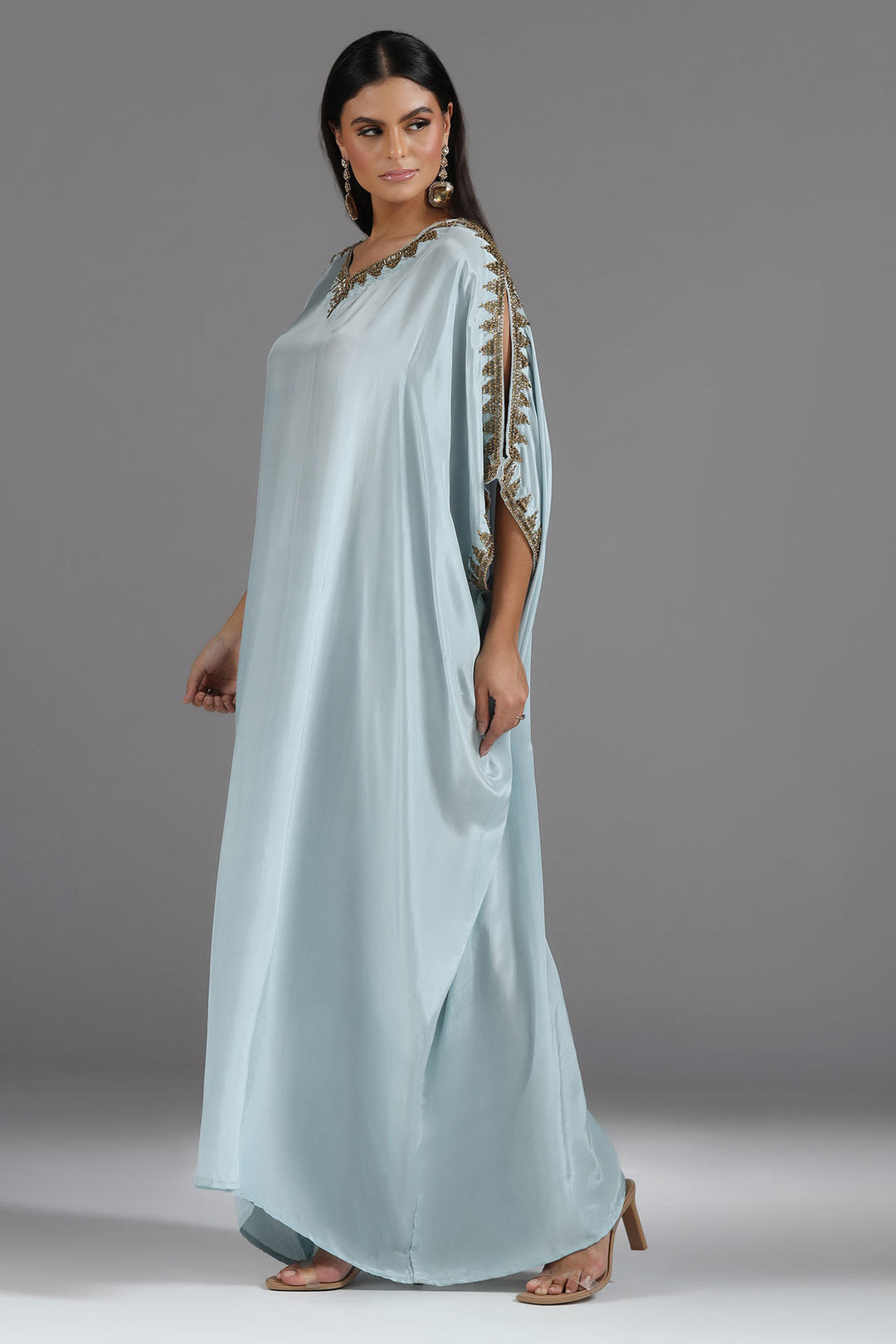 Powder Blue Kaftan with Hand-Cut Dabhka & Sequin Embroidery in V-Neck & Sleeves