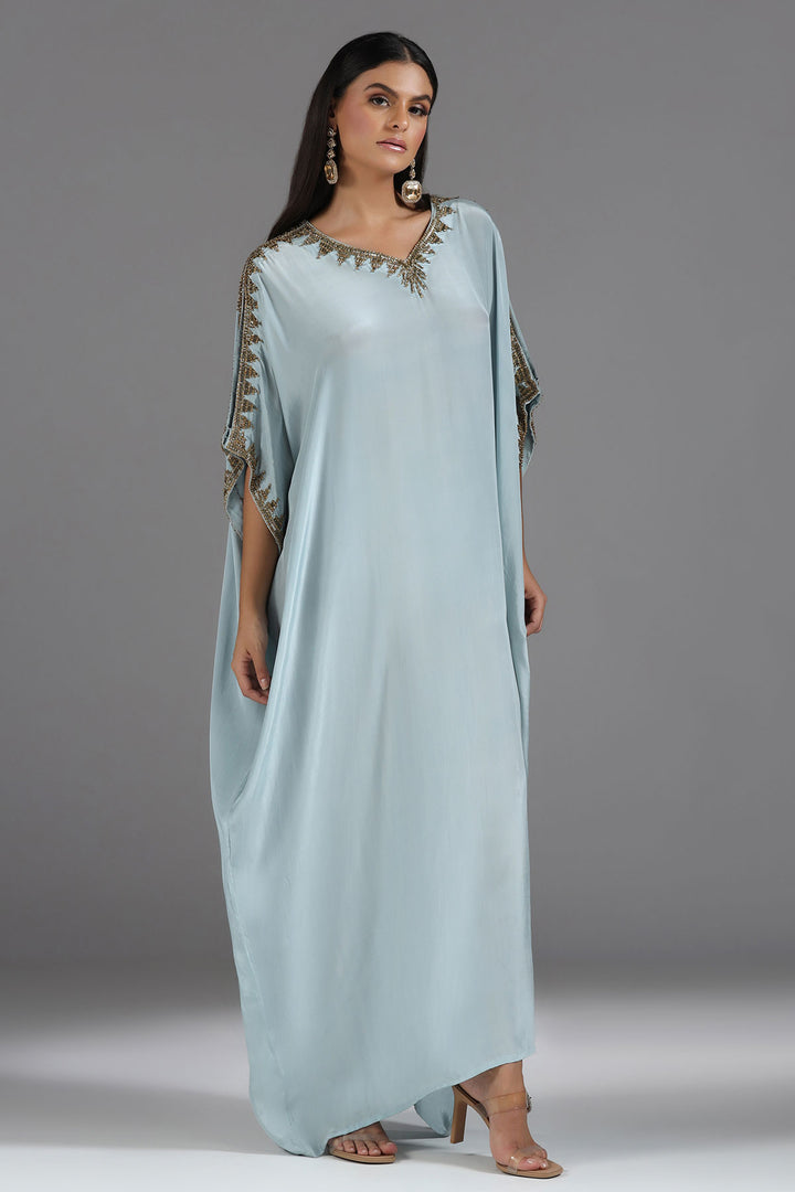 Powder Blue Kaftan with Hand-Cut Dabhka & Sequin Embroidery in V-Neck & Sleeves