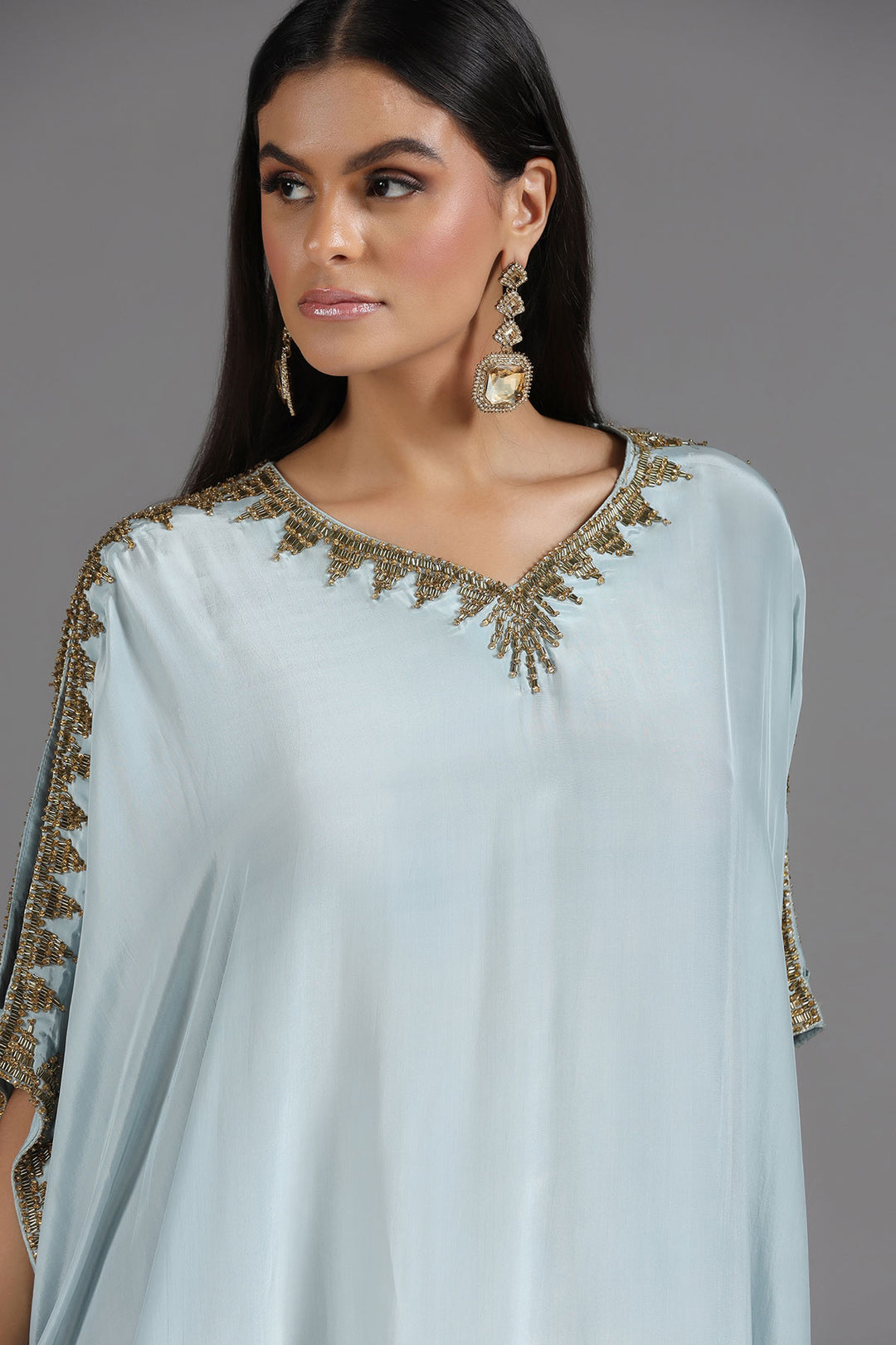 Powder Blue Kaftan with Hand-Cut Dabhka & Sequin Embroidery in V-Neck & Sleeves