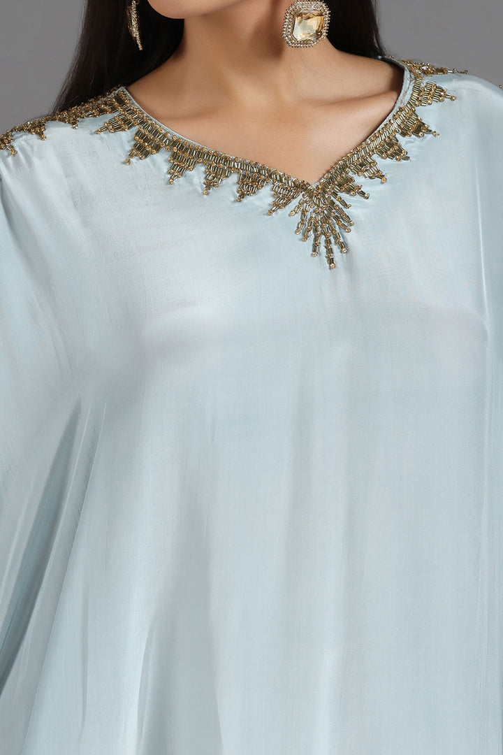 Powder Blue Kaftan with Hand-Cut Dabhka & Sequin Embroidery in V-Neck & Sleeves