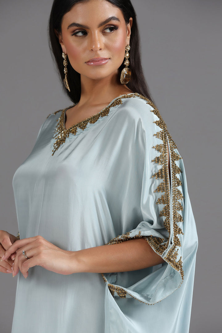 Powder Blue Kaftan with Hand-Cut Dabhka & Sequin Embroidery in V-Neck & Sleeves