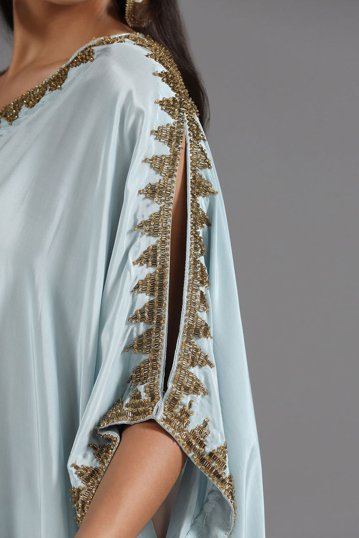 Powder Blue Kaftan with Hand-Cut Dabhka & Sequin Embroidery in V-Neck & Sleeves