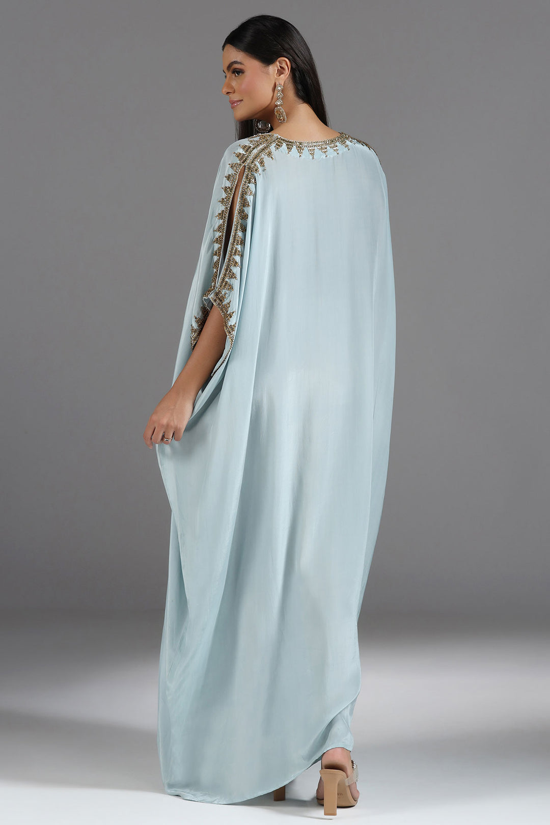 Powder Blue Kaftan with Hand-Cut Dabhka & Sequin Embroidery in V-Neck & Sleeves