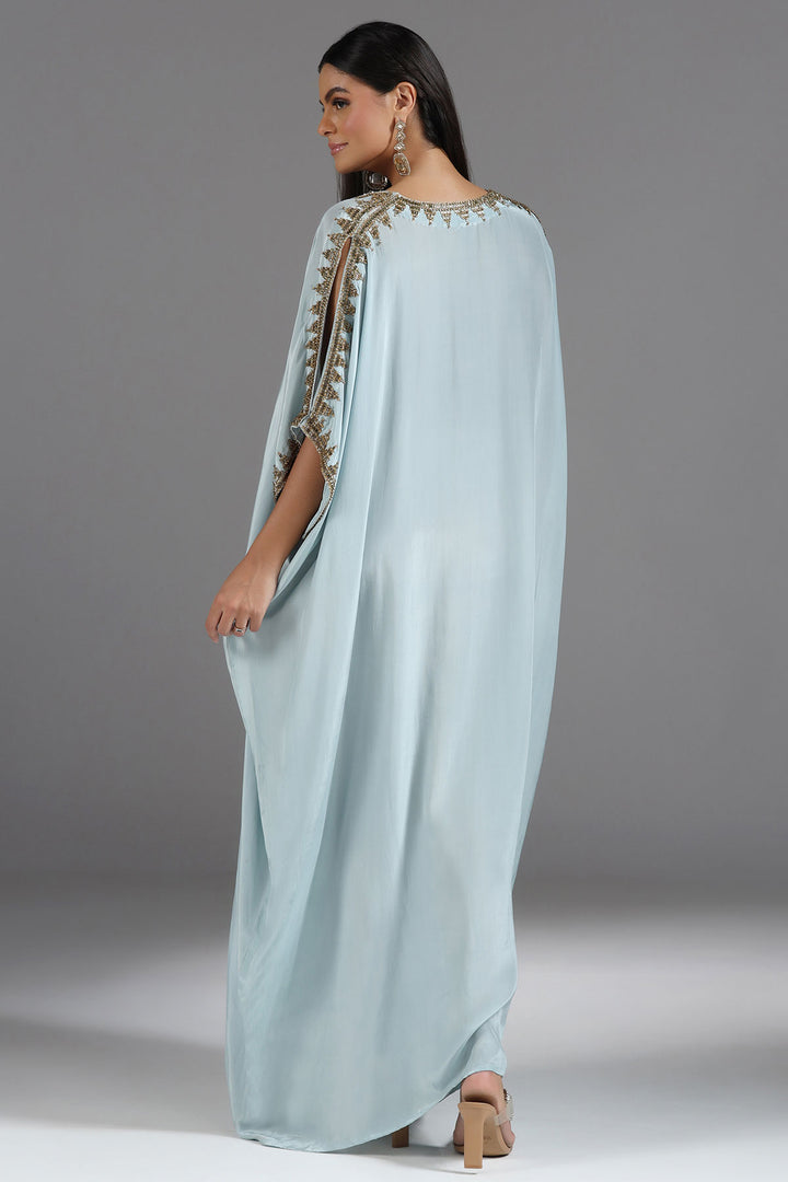 Powder Blue Kaftan with Hand-Cut Dabhka & Sequin Embroidery in V-Neck & Sleeves