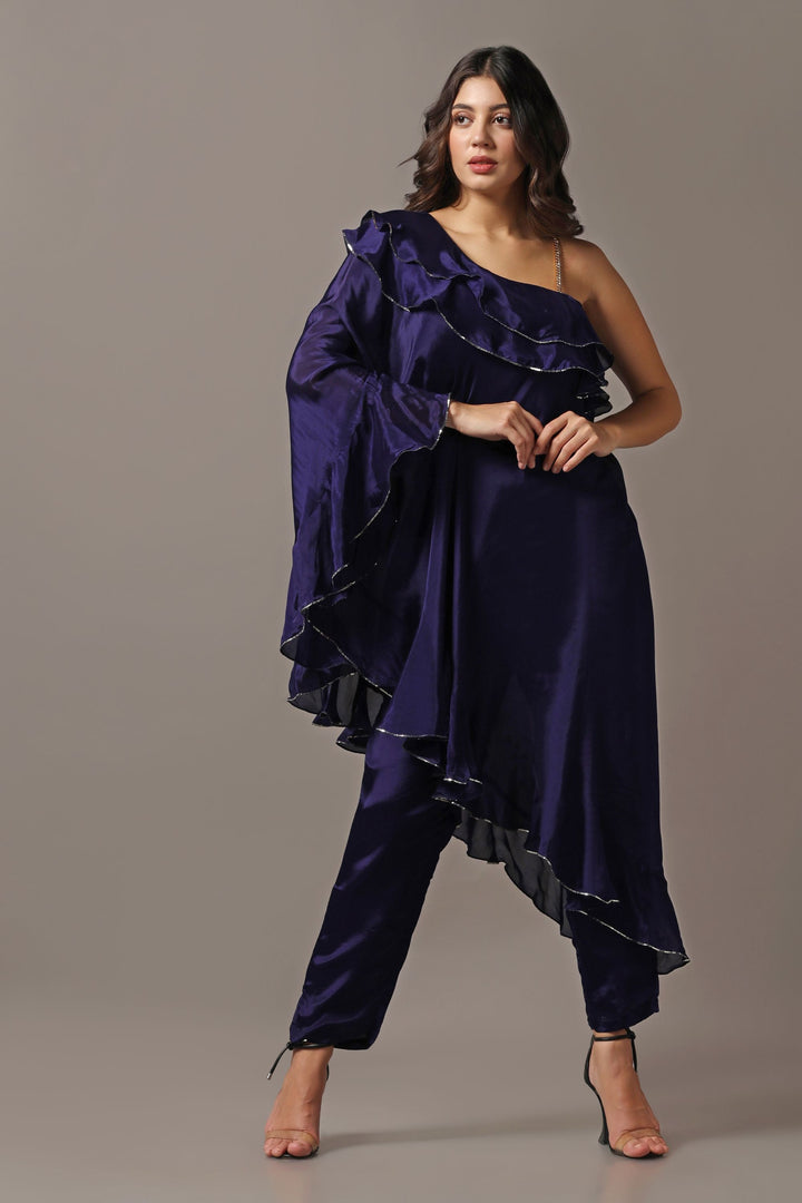 Navy Blue One Shoulder Frilled Top with Pants