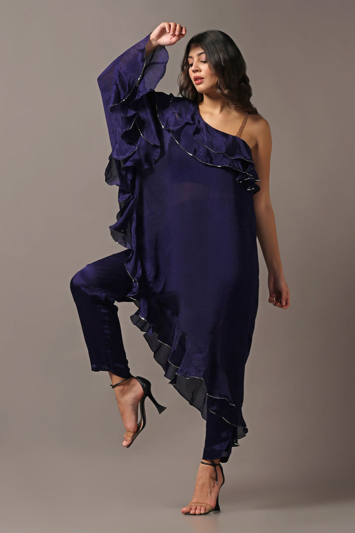 Navy Blue One Shoulder Frilled Top with Pants