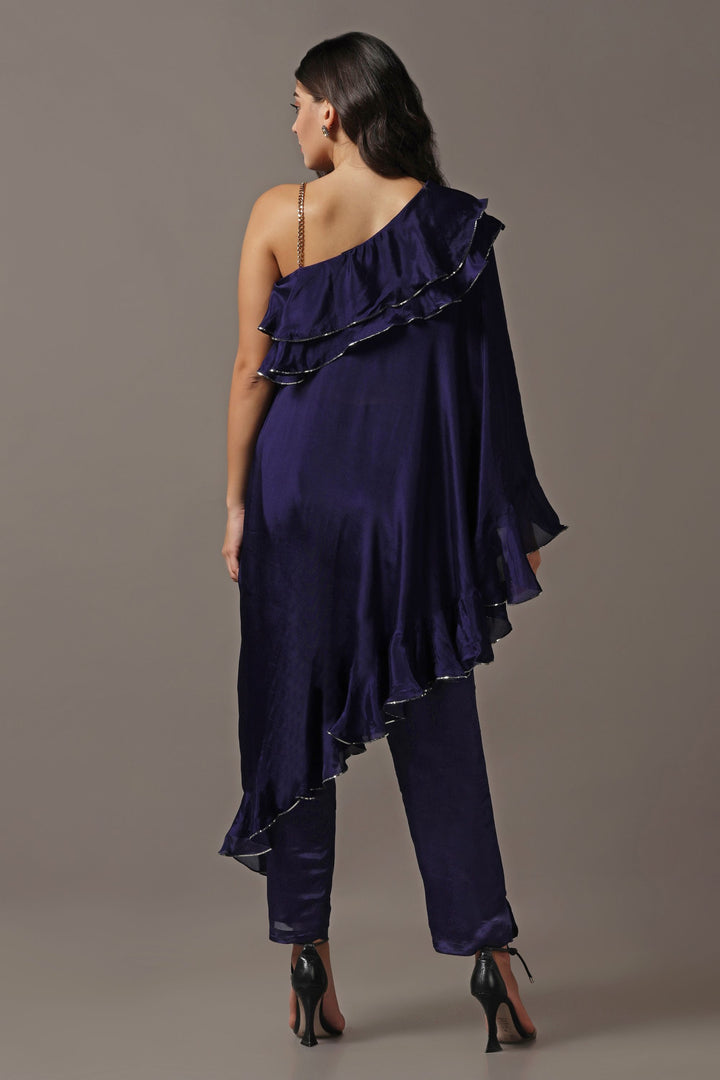 Navy Blue One Shoulder Frilled Top with Pants