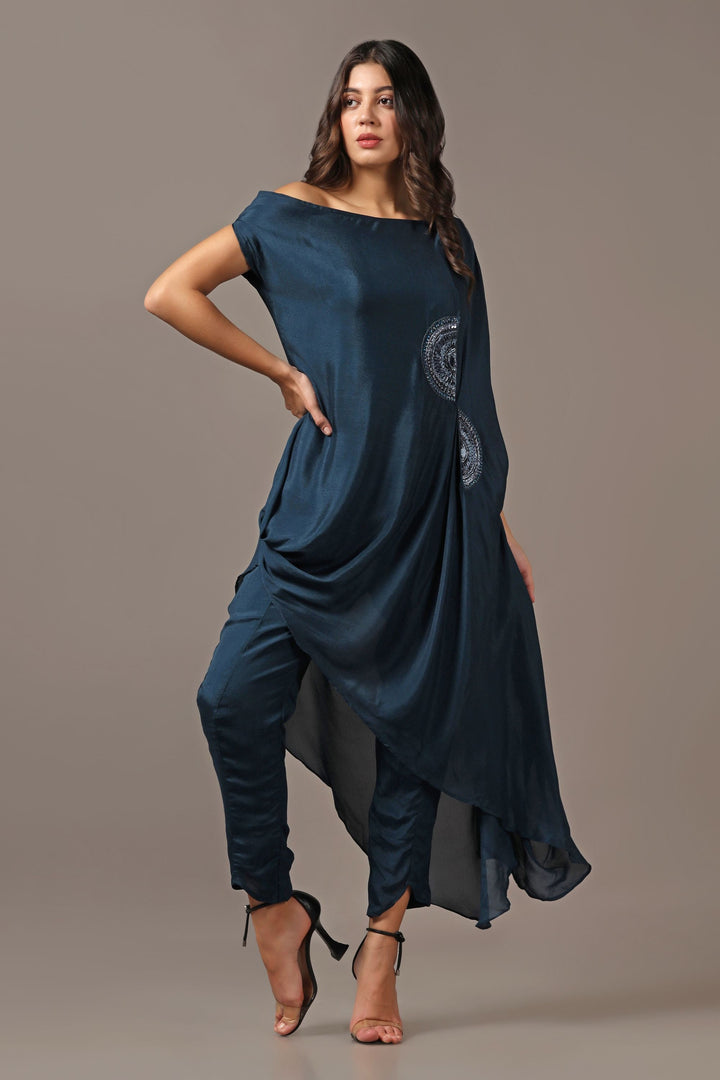 Teal One Shoulder Drape Top with Pants