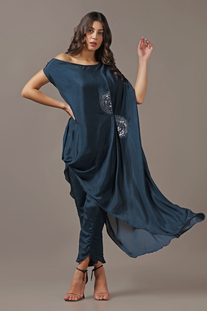 Teal One Shoulder Drape Top with Pants