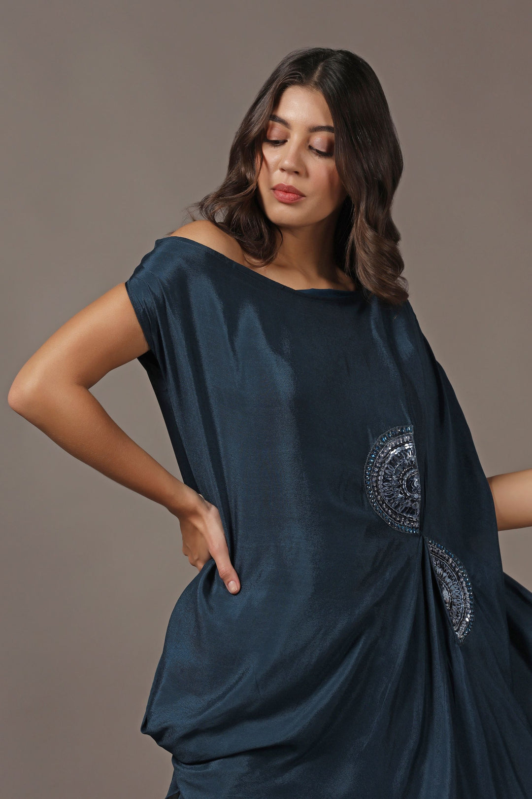 Teal One Shoulder Drape Top with Pants