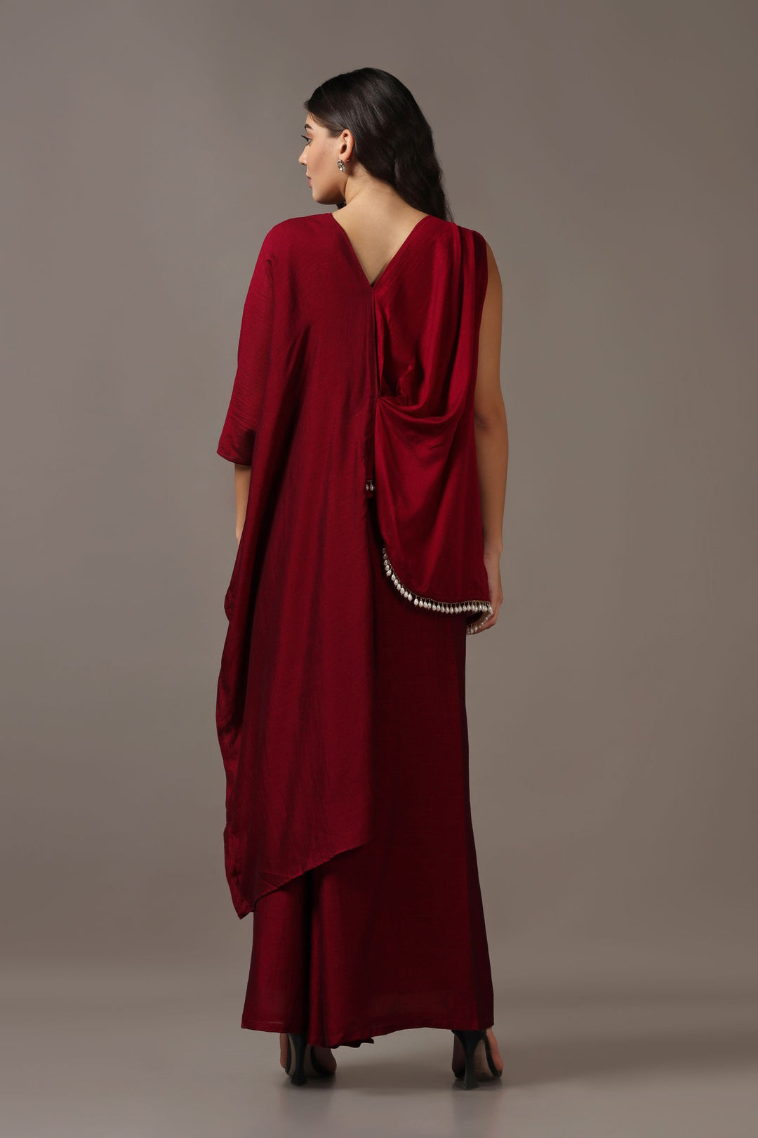 Maroon Asymmetrical Top with Flared Pants